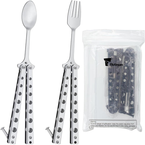 2 Pcs Butterfly Fork and Spoon Set, Tactical Butterfly Spoon Folding Stainless Steel Butterfly Fork for Travel Camping Hunting BBQ Kitchen(Silver)...