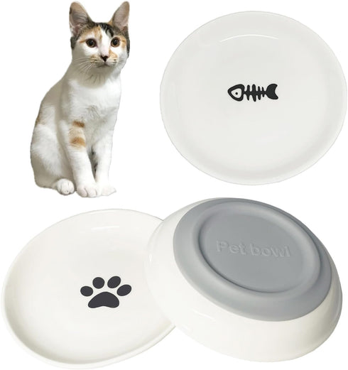 Cat Food Bowls, Cat Dishes with Ceramic Silicone Bottom, Non-Slip Silent Kitten Food Bowls for Indoor Cat, Whisker Friendly Shallow Dish for Cat W...