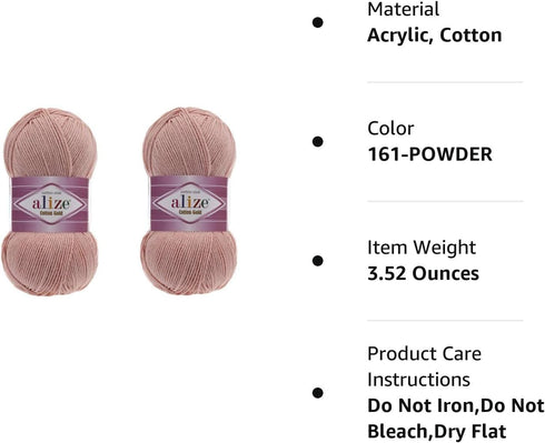 Alize Cotton Gold Yarn 55% Cotton 45% Acrylic Yarn Crochet Hand Knitting Art Lot of 2 Skeins 200gr 722yds (161-POWDER)......
