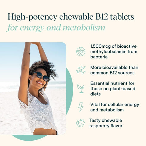 Ora Organic Vitamin B12 1500mcg - plant-based methylcobalamin for adults - Natural stimulant-free energy, Raspberry flavor chewable tablets, no ad...