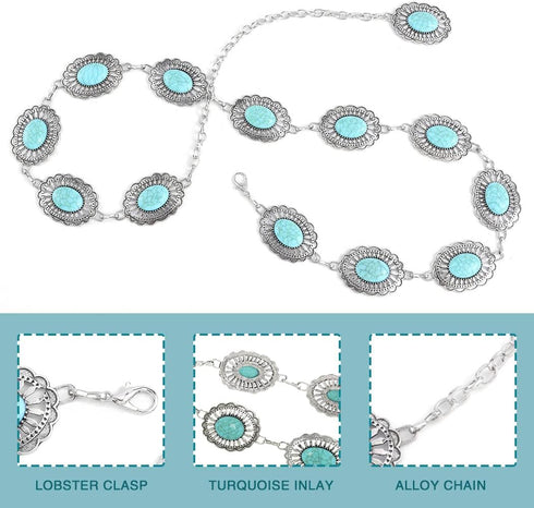 Navoky Turquoise Chain Belts Concho Belt Silver Metal Western Waist Chain Retro Boho Cowgirl Outfit Accessories for women...