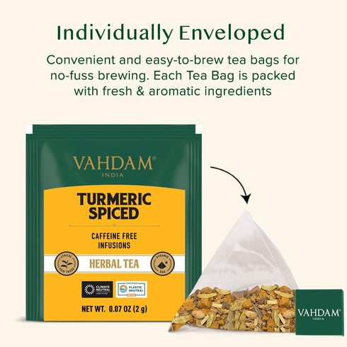 VAHDAM, Turmeric Spice Herbal Tea Bags (30 Count) Caffeine Free, Non GMO, Gluten Free | 100% Pure Herbal Tisane - Savory & Spicy | Individually Wr...