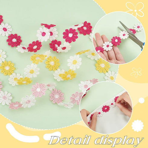 FINGERINSPIRE 15 Yards Daisy Flower Lace Trim Yellow/Deep Pink/Pink Daisy Ribbon Sun Flower Decorating Lace Trim Flower Embroidered Trim Ribbons D...