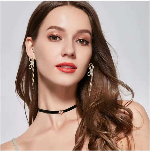 925 silver Crystal Bow Stud Earrings Fashion Ladies Tassel Rhinestone Earrings Hypoallergenic for Sensitive Ears...