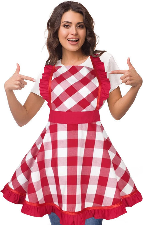 Violet Mist Red Plaid Vintage Apron for Women Girls Ladies Cute Ruffle Frilly Apron Red Christmas Aprons Retro Aprons for Kitchen Cooking Baking 5...
