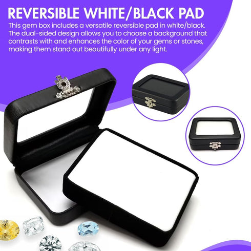 Novel Box Black Faux Leatherette Gem Display Loose Stone Box 3.5x2.75x1.12 with Reversible Black-White Pad - Jewelry Boxes with Clear Glass Top Cl...