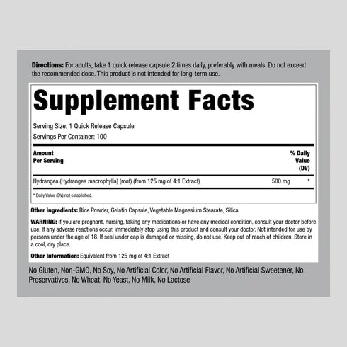 Piping Rock Hydrangea Root Capsules 500mg | 100 Count | Concentrated Extract Supplement | Non-GMO, Gluten Free...