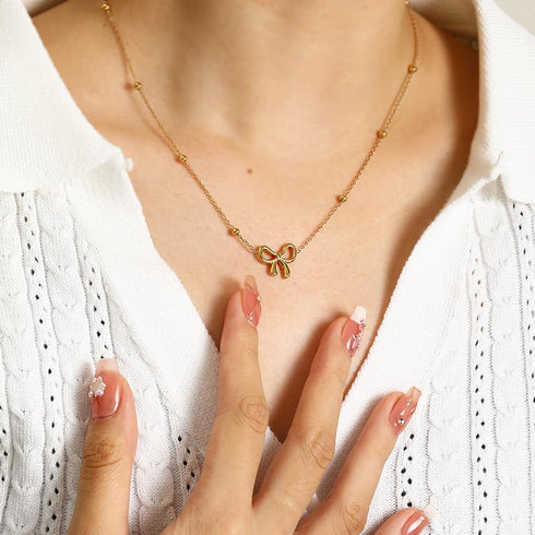 Gold Bow Earrings Necklace Bracelet Jewelry Set for Women-Ribbon Bowknot Stud Earrings Pendant Choker Necklace Bracelet 18K Gold Plated Bow Valent...