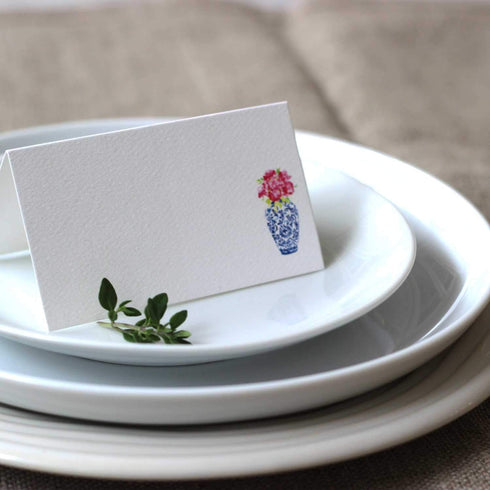 Nancy Nikko Place Cards with Blue and White Ginger Jar with Pink Flowers for Weddings, Showers, and Dinner Parties. Table Tent Style, Scored for E...