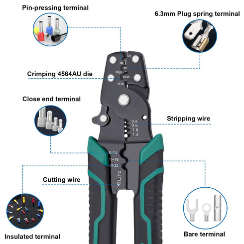 smseace Electrical crimping tool Wire crimper,stripper and cutterfor insulated/Bare/Heat Shrink connectors(22-10 AWG) Multifunctional stripping cr...