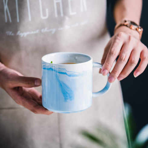 Yundu 12oz Blue Marble Ceramics Coffee Mug Set of 4, Drinking Cups Set, Stackable Latte Mugs with Handle, Microwave and Dishware Safe Cup for kitc...
