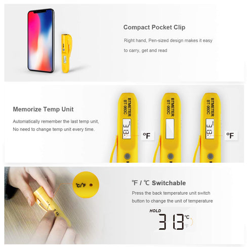 Mini Digital Infrared Thermometer - BTMETER BT-960C Temperature Pen with Pocket Clip Instant Read to 527? Auto Off for Meat Candy Cooking Food Gri...