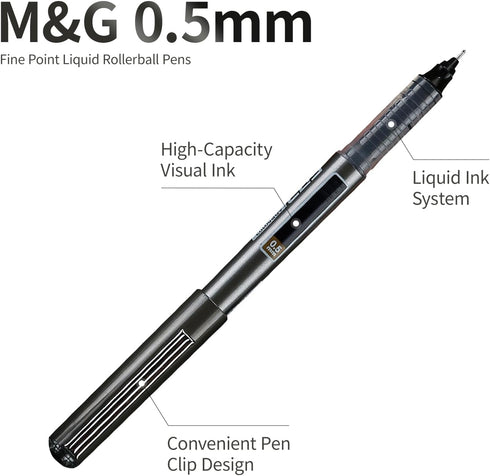 M&G 8 Pcs Fine Point Pen Liquid Rollerball Pens, 0.5mm Black Ink Pens Ultra Fine Point Pens Smooth Writing for Note Taking, Office School Supplies...