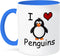 3dRose I love penguins Two Tone Mug, 11 oz, Blue/White...