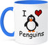 3dRose I love penguins Two Tone Mug, 11 oz, Blue/White...