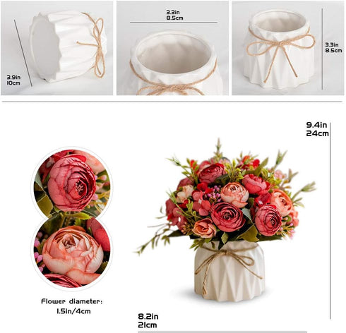 Artificial Flowers Fake Flowers Silk Rose Bouquets Decoration with Ceramics Vase for Table Home Office Wedding (Red Bud)...