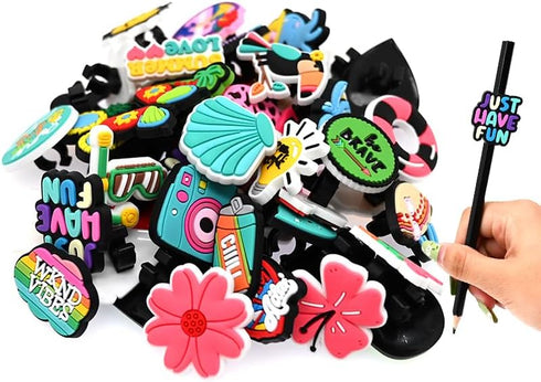 50PCS Summer Different Pencil Topper Decoations Cute PVC Pencil Toppes Lovely Black Clip Pencil Decoration Accessories for Pupil/Junior Students G...