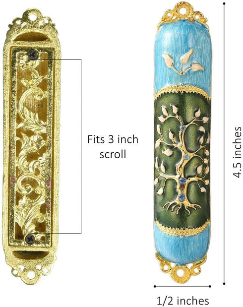 Hand Painted Enamel Mezuzah Embellished with a Tree of Life Design with Gold Accents and Crystals by Matashi, (MTMZ221)...