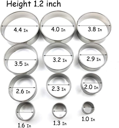 Stainless Steel Round Cookie Cutter Set, 12 Circular Biscuit Cutters Round Donut Ring Molds for Baking 1.2 Inch Height...