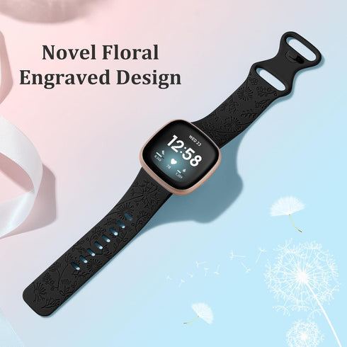 Flower Engraved Bands Compatible with Fitbit Sense Bands/Fitbit Versa 4/Fitbit Versa 3/Sense 2 1 Band for Women,Cute Fancy Dandelion Floral Wristb...