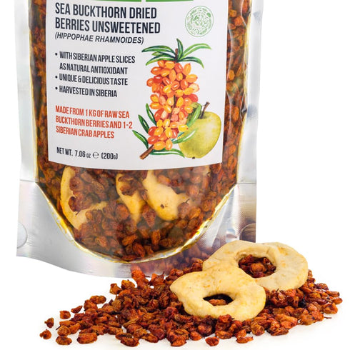 Siberian Sea Buckthorn Dried Berries 7.06 oz (200 g) Unsweetened 100% Raw Natural Wild Harvested Hippophae Fruit, Apple as Antioxidant Additives, ...