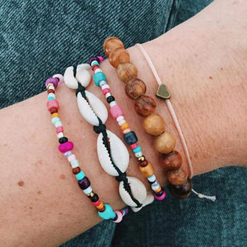 4 Pack Adjustable Shell Bracelets Anklets Set Natural Cowrie Shell Beads Puka Seashells Ankle Jewelry for Men Women Valentine's Day Gifts...