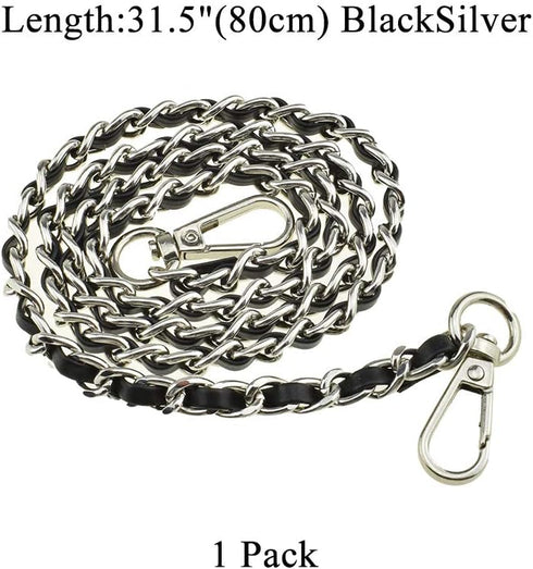 HAHIYO Mini Purse Chain Strap Slim Wide 8mm for LV Length 31.5 inches Extra Thick 4.5mm Black Leather Silver Hardware for Shoulder Cross Body Slin...