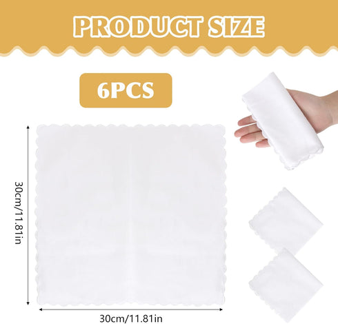 6 Pcs White Cotton Handkerchiefs, 11" White Pocket Square for Men Women with Crescent Edge, Machine Wash Elegant Soft Handkerchief for Groomswomen...