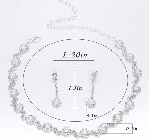 Wedding Brides Necklace Earrings Set Sliver Pearl Necklaces Bride Rhinestones Jewelry Set Crystal Choker Necklace Bridal Accessories for women...