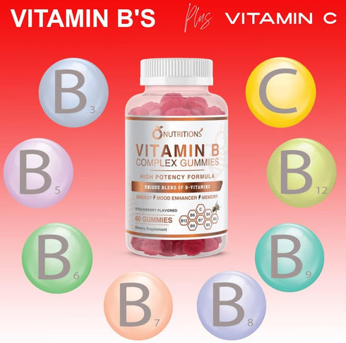 O NUTRITIONS Vitamin B Complex Vegan Gummies with Vitamin B12, B7 as Biotin, B6, B3 as Niacin, B5, B6, B8, B9 as Folate for Stress, Energy and Hea...
