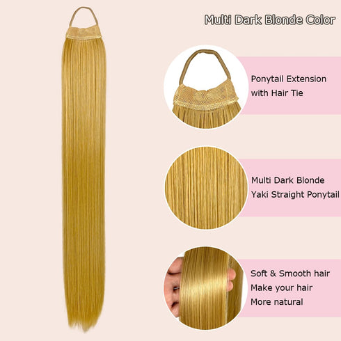 28inch Long Ponytail Extension with Hair Tie, Multi Dark Blonde Yaki Straight Ponytail Thick Braiding Hair Ponytail Natural Fake Pony Tails Hairpi...