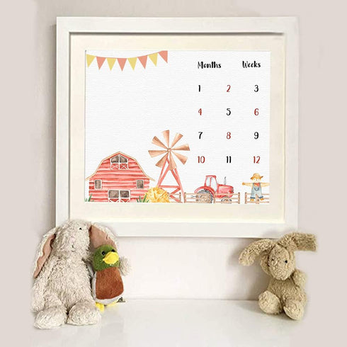 Farm Theme Baby Monthly Milestone Blanket, 48x40in Soft Flannel, Tractor and Barn Backgrounds, Newborn Mom Gifts, Baby Shower Age Growth Tracker w...