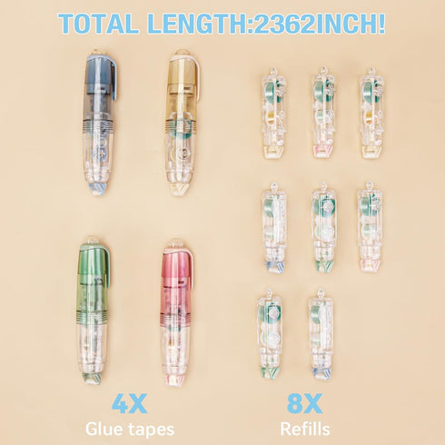 4 Pcs Double Sided Tape Roller with 8 Refills, Retractable Glue Tape Roller, Adhesive Tape Dispenser Runner for Scrapbooking and Crafts, Arts Proj...