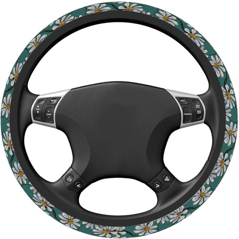 Hippie Flower Daisy Steering Wheel Cover for Women Men Anti-Slip Breathable and Sweat Absorption Universal 15 Inch Cute Steering Wheel Protector D...