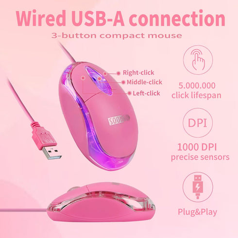 SOON GO Pink Mouse,Computer Mouse,with 1.5m Pink USB Cable - Compatible with Windows, Linux, Mac, Laptop, PC & Desktop - Ideal for Office, Home, B...