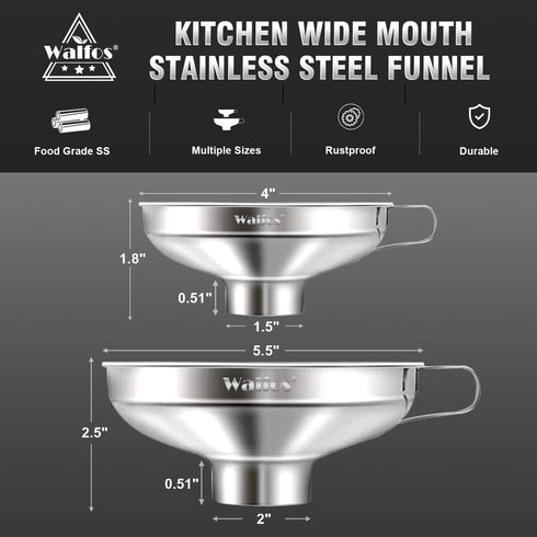 Walfos 2 Pack (4in & 5.5in) Stainless Steel Wide-Mouth Funnel with Handle for Wide and Regular Mason Jars Canning Jars, Wide-Mouth Funnels for Kit...