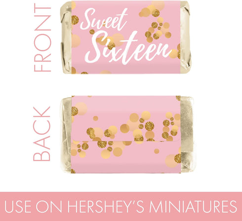 Pink and Gold Sweet 16 Birthday Party Mini Chocolate Candy Bar Wrappers, Pink Sweet Sixteen Party Favor Stickers - 42 Count...