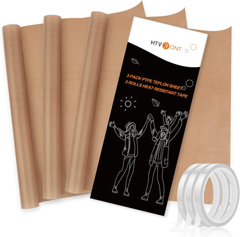HTVRONT Teflon Sheets for Heat Press - 3 Packs 12" x 16" Teflon Paper with 3 Rolls 10mm x 33m Heat Tape for Sublimation Non-Stick PTFE Teflon Shee...