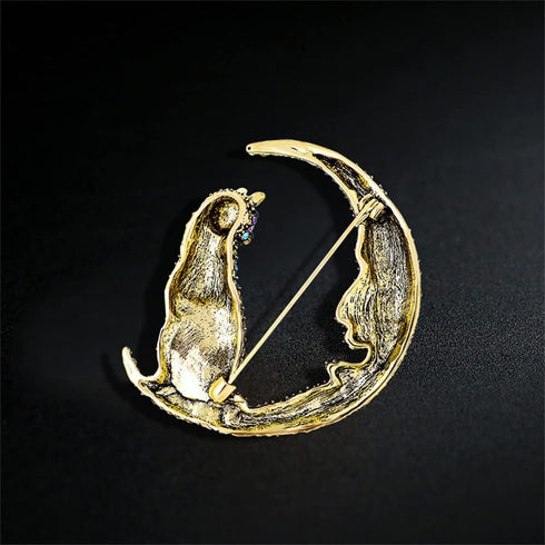 Rhinestone Cat on the Moon Brooch Pin for Women Girls Vintage AB Crystal Animal Kitten Crescent Celestial Brooches Lapel Pins Dainty Exaggerated C...
