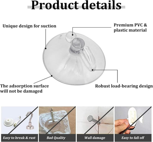 Suction Cup Hooks, 10Pcs Removable Window Suction Cups with Hooks Including 3 Sizes for Glass, PVC Suction Cups with Hooks for Shower, Bathroom an...