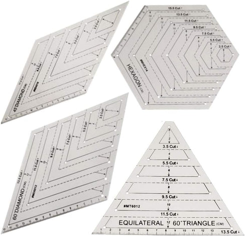 4Pcs Quilting Ruler, with 60 Degree Triangle and Diamond, 45 Degree Diamond, Hexagon Shape Templates, Transparent Patchwork Sewing Cutting Craft R...