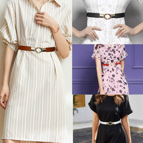 4 Pcs Women Retro Waist Belt Metal Buckle Skinny Stretchy Waist Belt for Dress (Black + Red + White + Khaki...