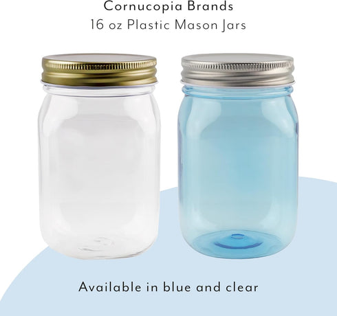 Cornucopia Brands 16oz PLASTIC Mason Jars (8-Pack, Blue w/Silver Metal Lids); PET BPA-Free Mason Jars w/One Piece Lids, 2-Cup/Pint Capacity...