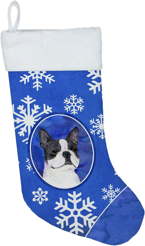 Caroline's Treasures SS4654-CS Boston Terrier Winter Snowflakes Holiday Christmas Stocking Fireplace Hanging Stockings Christmas Season Party Deco...