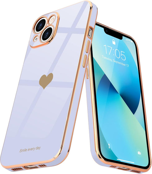 Teageo Compatible with iPhone 13 Case for Girl Women Cute Love-Heart Luxury Bling Plating Soft Back Cover Raised Full Camera Protection Bumper Sil...