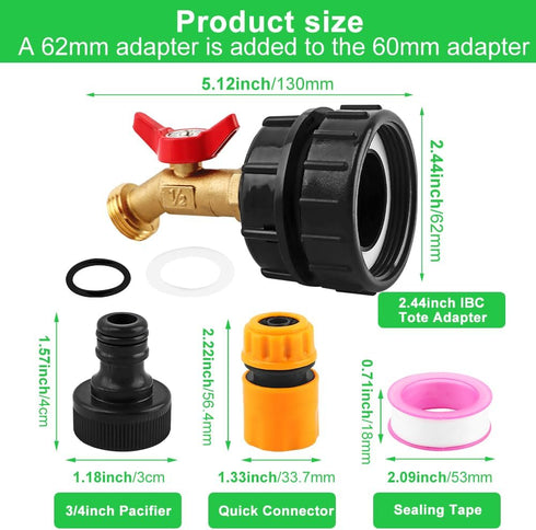 Ibc Tote Adapter Ibc Tote Fittings Ibc Tote Valve with 2.44inch IBC Tote Adapter Sealing Tape Quick Connector 3/4inch Pacifier for 1000L/264 Gallo...