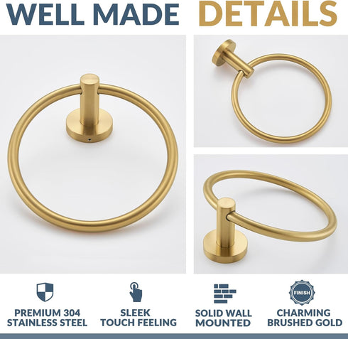 APLusee Hand Towel Ring, 304 Stainless Steel Round Towel Holder, Wall Mounted Towel Hanger for Bathroom Kitchen, Brushed Gold...
