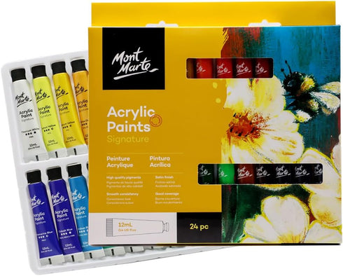 Mont Marte Acrylic Paint Set 24 Colours 12ml, Perfect for Canvas, Wood, Fabric, Leather, Cardboard, Paper, MDF and Crafts (24 Bright Colours 12 ML...
