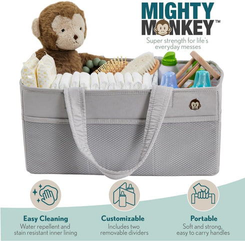MIGHTY MONKEY Oversized Stain Resistant Baby Diaper Caddy Organizer with Handle, Adjustable Mesh Storage Bin Compartments for Diapers, Baby Wipes,...