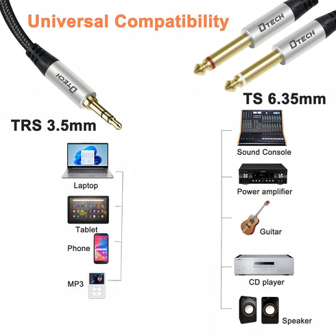 DTECH 5ft 3.5mm to 1/4 Adapter Audio Stereo Cable TRS 1/8 to Dual Quarter Inch TS 6.35mm Y Splitter Guitar AMP Aux Cord for Headphones Jack Laptop...